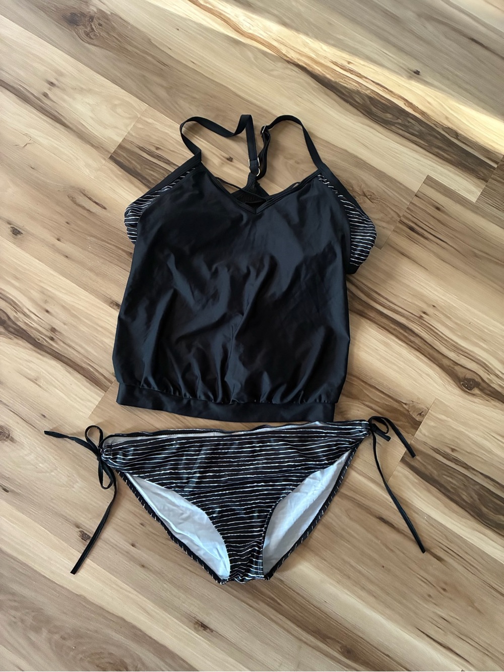 Women’s Black Striped Tankini Set - Adjustable Tie Bikini Bottoms